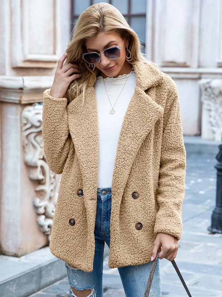 Women's Teddy Coat with Notch Lapel and Button Front - 16