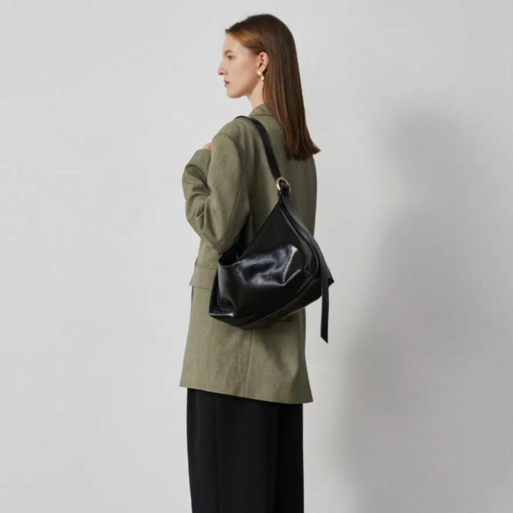 Women's Patent Vegan Leather Shoulder Bag with Curved Slouch - 5