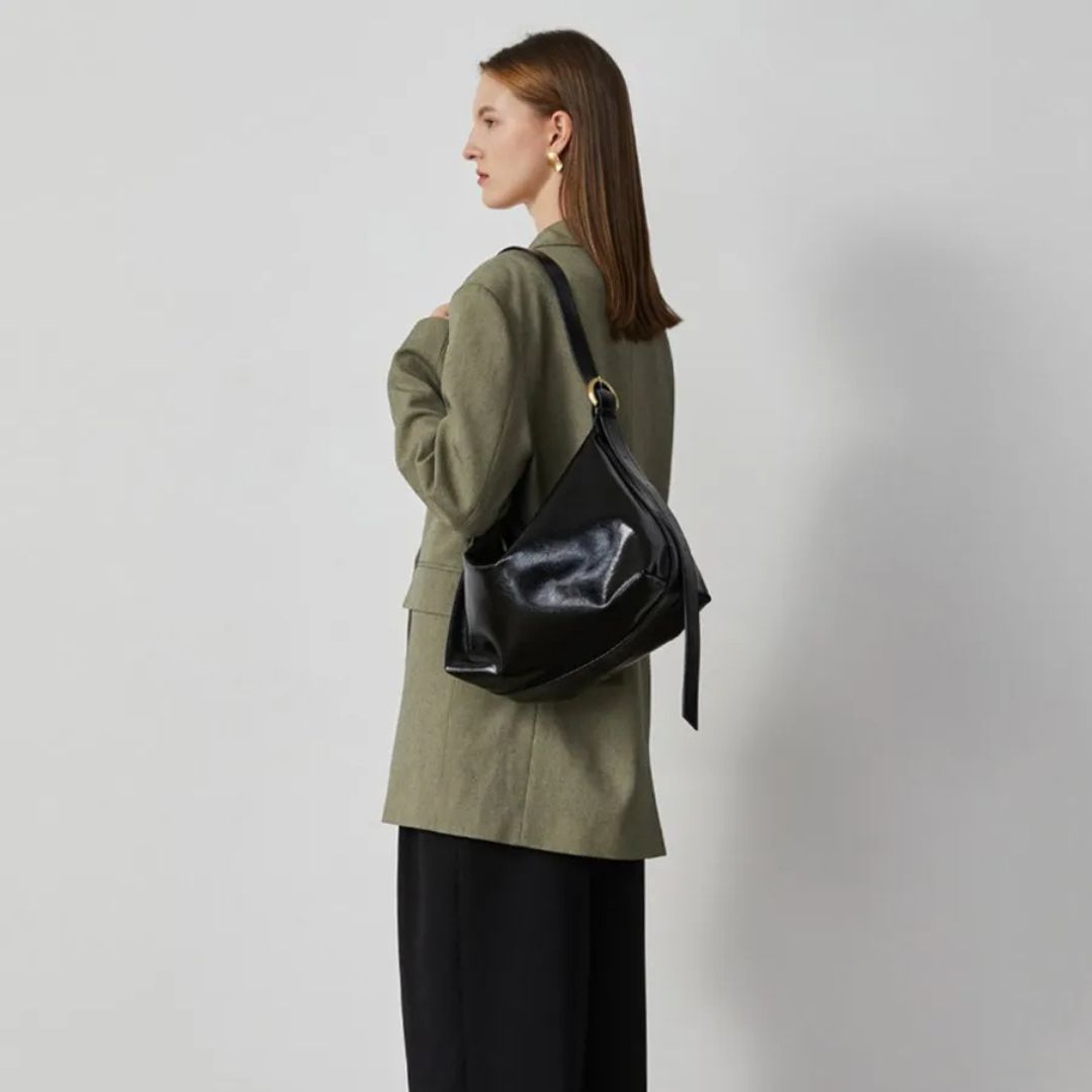 Women's Patent Vegan Leather Shoulder Bag with Curved Slouch - 5