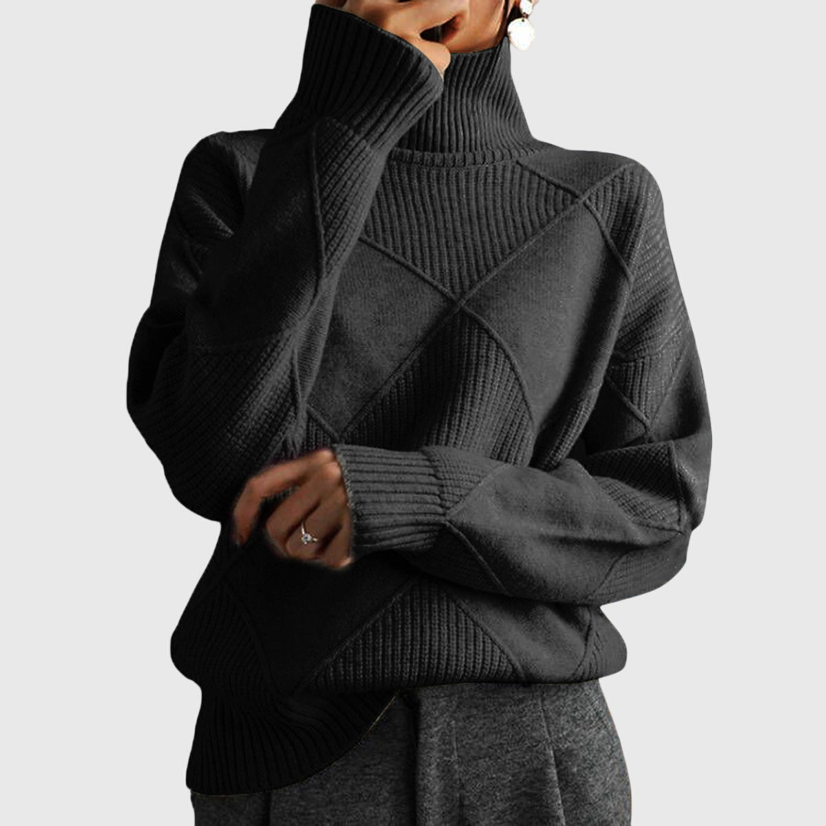 Women's Roll Neck Jumper with Geometric Knit Pattern - Black