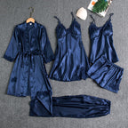 Women's Satin Lace Nightwear Set 5-Piece for Sleepwear - Blue
