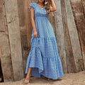 Women's Floral Print Maxi Dress with V-Neck and Ruffle Sleeves - Blue