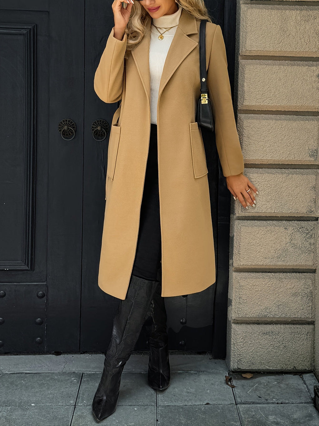 Women's Belted Long Coat Notch Lapel Front Pockets - 9