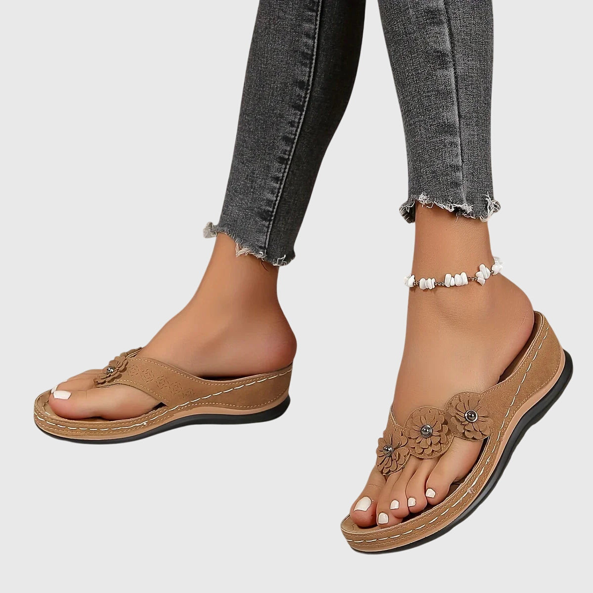 Women's Toe-Post Wedge Sandals with Floral Trim - 7