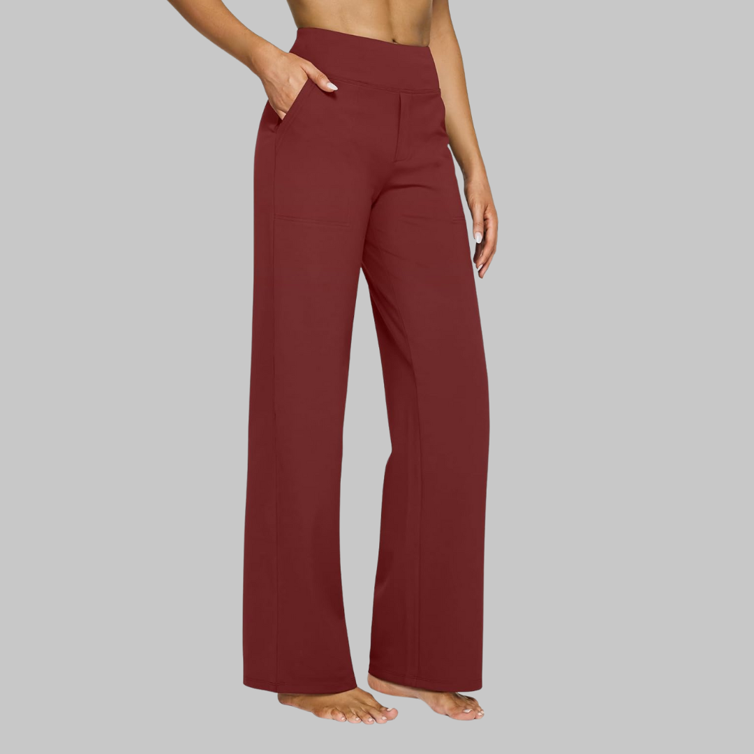 Women's Straight Leg Trousers with High Waist and Pockets - Red