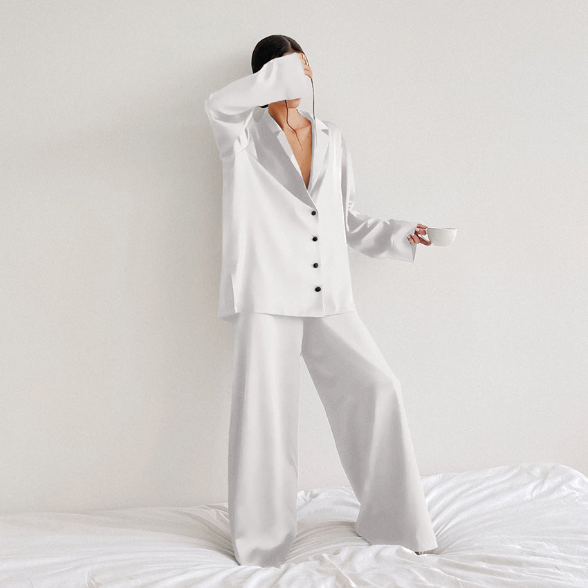 Satin Pyjama Set with Revere Collar and Wide Leg Trousers - White