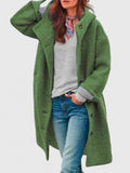 Women's Longline Hooded Coat with Button Front - Green