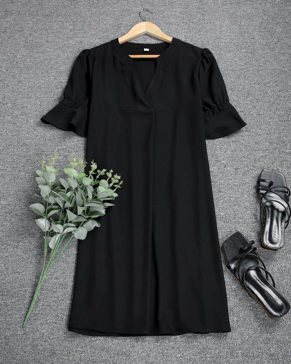 Women's Midi Dress with Flutter Sleeves and V-Neck - 6
