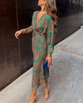 Women's A-Line Maxi Dress with V-Neck and Long Sleeves - Green