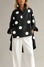 Women's Polka Dot Blouse Oversized with Dramatic Draped Back - Black