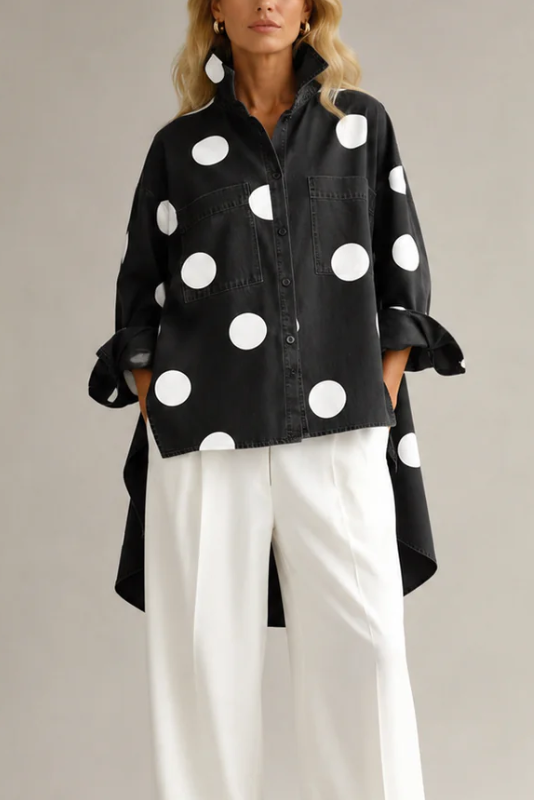 Women's Polka Dot Blouse Oversized with Dramatic Draped Back - Black