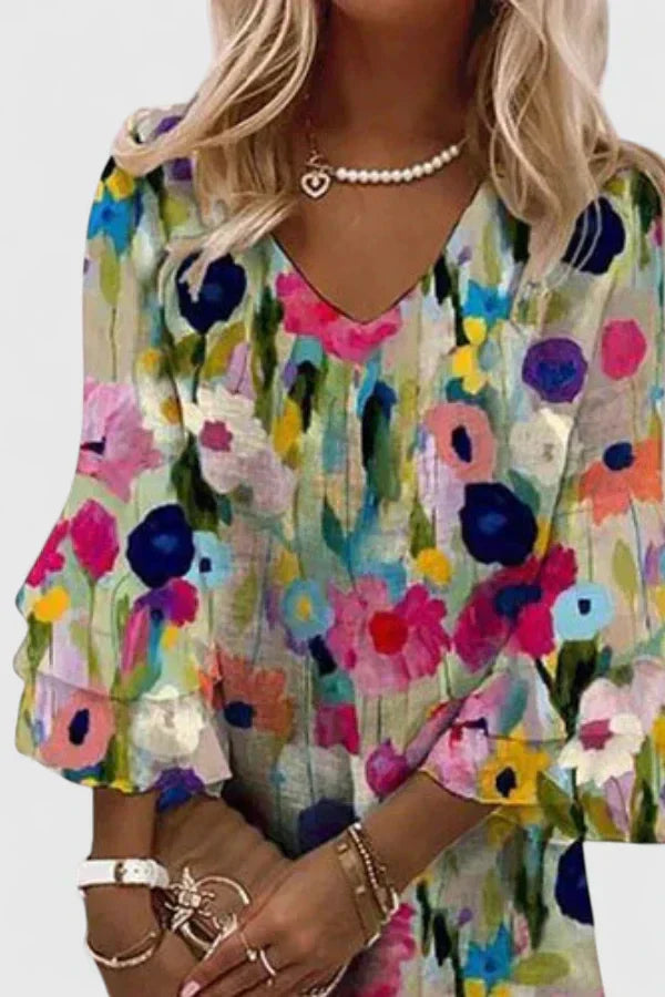 Women's Floral Print Mini Dress with V-Neck and Flounce Sleeves - 3