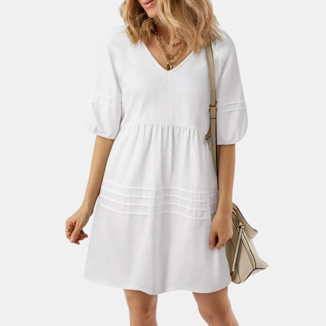 Women's Puff Sleeve Empire Waist V-Neck Mini Dress - 7