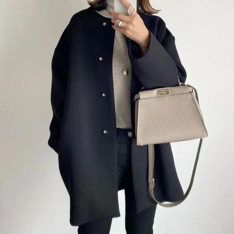 Women's Relaxed Fit Coat with Snap Button Front and Round Neck - 7