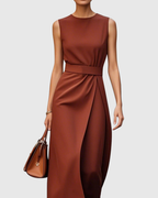 Women's Sleeveless Round Neck Dress with Waist Pleats and Side Slit - Dark Brown