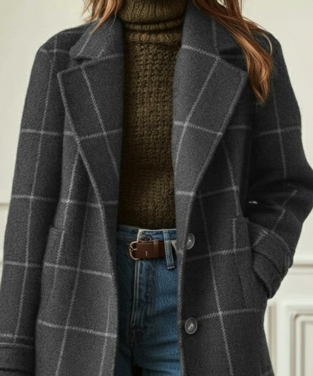 Women's Checked Coat with Lapel Collar and Structured Fit - 5