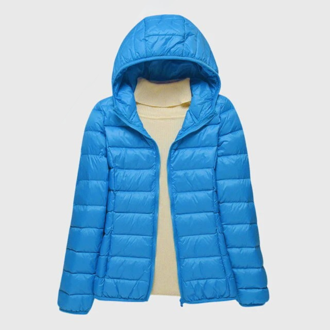 Women's Quilted Jacket with Hood and Zip Fastening - Blue Hood