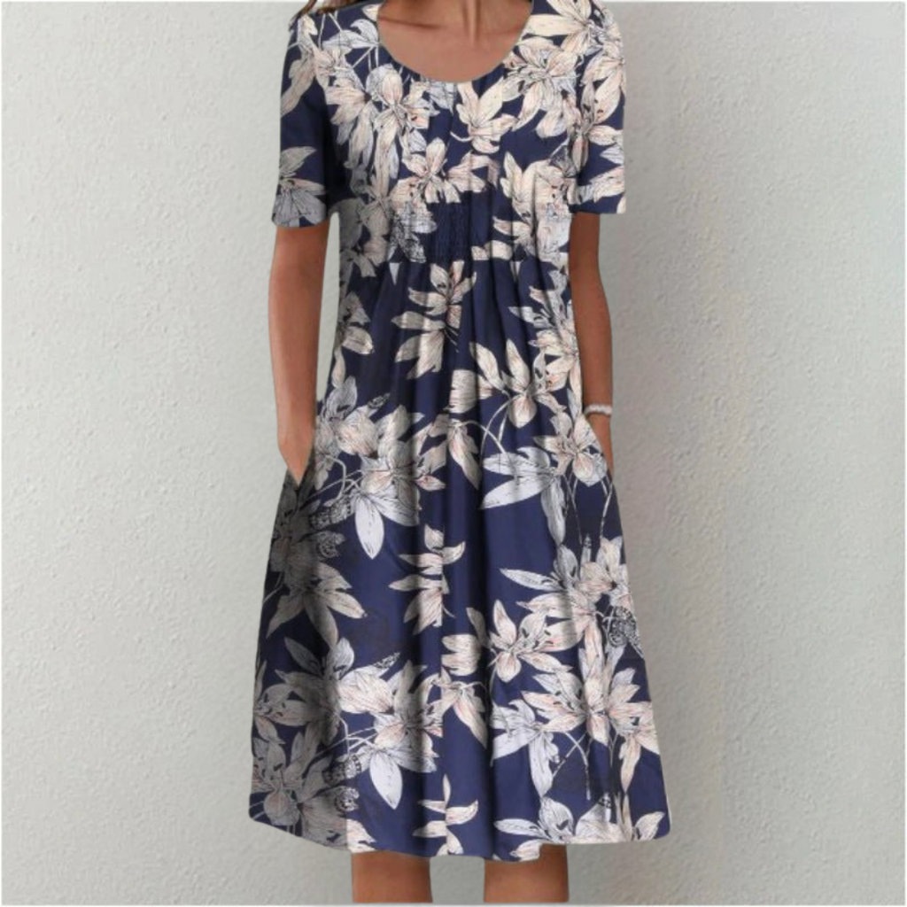 Women's Floral Print Short Sleeve Dress with Round Neck and Pockets - 8