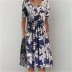 Women's Floral Print Short Sleeve Dress with Round Neck and Pockets - 8
