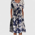 Women's Floral Print Short Sleeve Dress with Round Neck and Pockets - Blue White