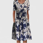 Women's Floral Print Short Sleeve Dress with Round Neck and Pockets - Blue White