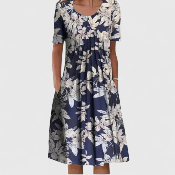 Women's Floral Print Short Sleeve Dress with Round Neck and Pockets - Blue White