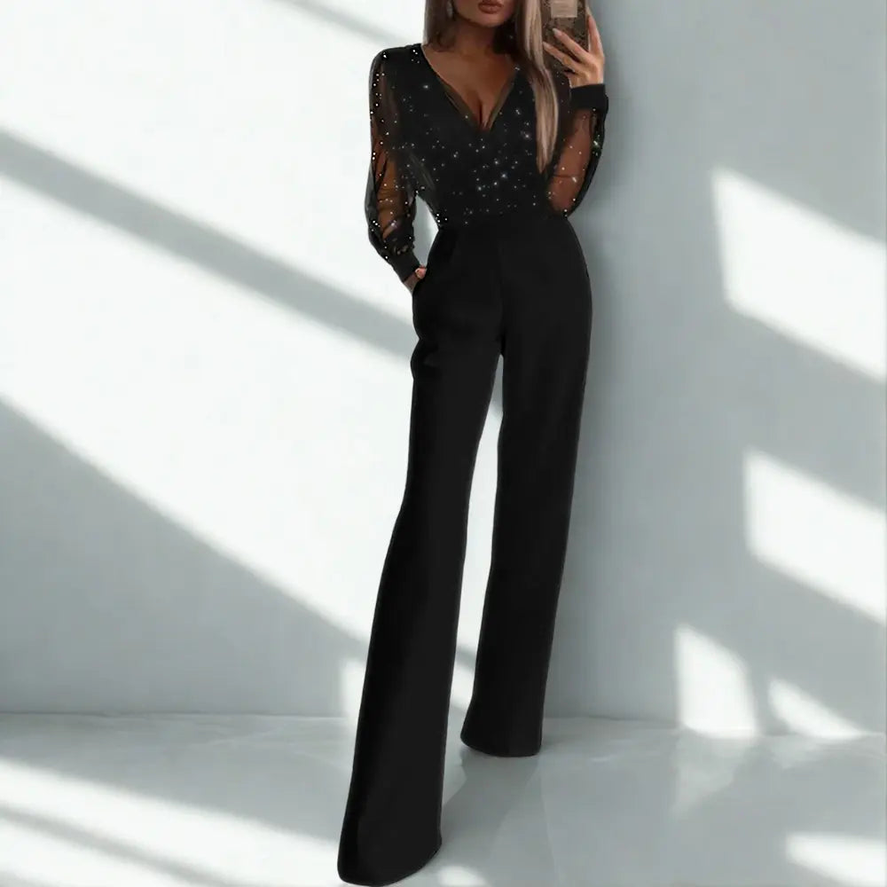 Women's Jumpsuit Long Sleeve with Glitter Mesh Top and Straight Legs - 2