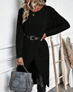 Women's Ribbed Jumper Dress with Side Slit Long Sleeve - 15