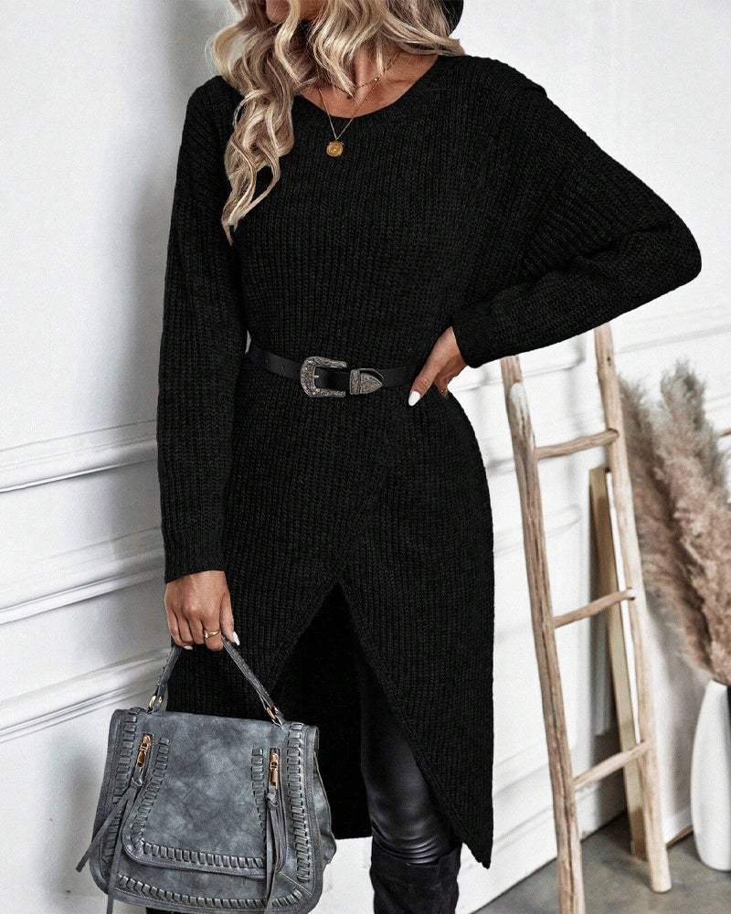 Women's Ribbed Jumper Dress with Side Slit Long Sleeve - 15