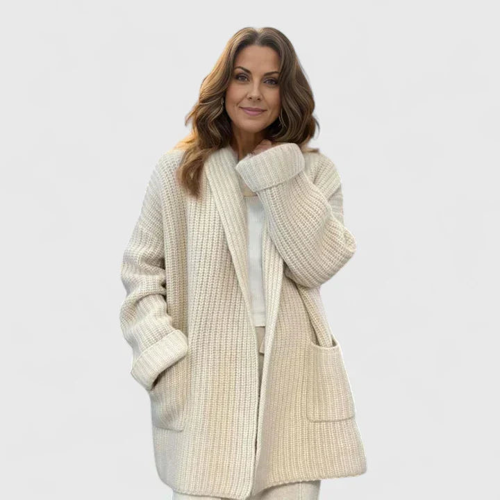 Women's Open-Front Cardigan with Ribbed Knit and Patch Pockets - Beige