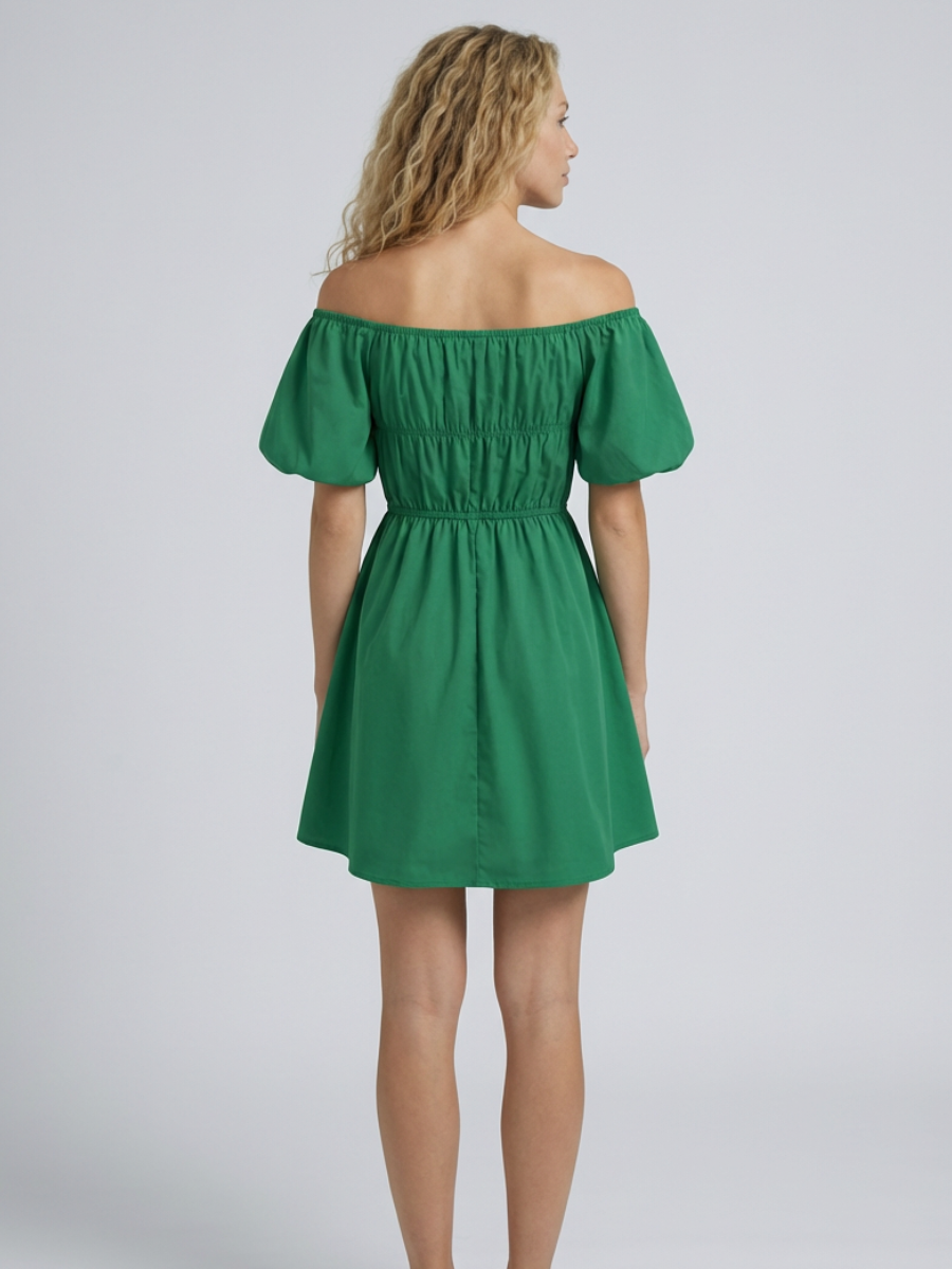 Women's Off-Shoulder Mini Dress with Puff Sleeves and A-Line Silhouette - 9