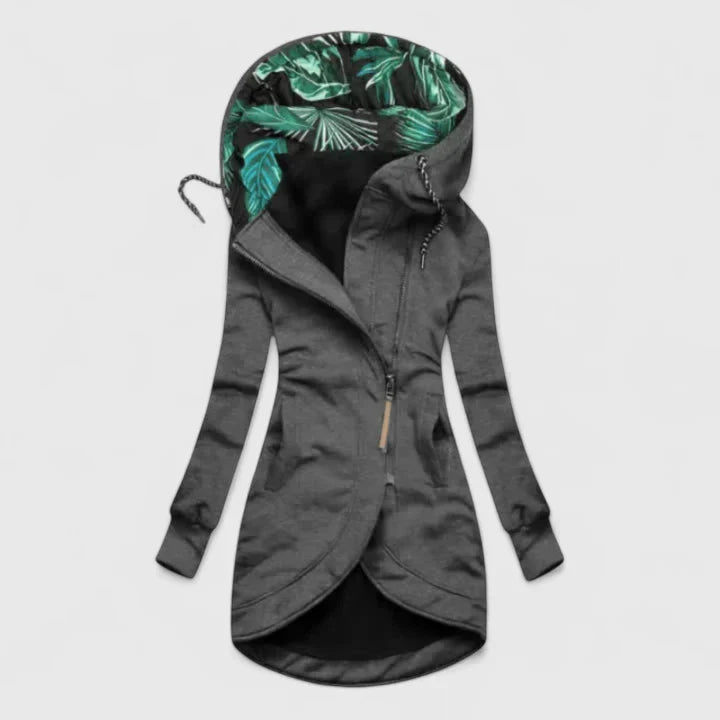 Women's Hooded Jacket with Zip Front and Printed Lining - Grey