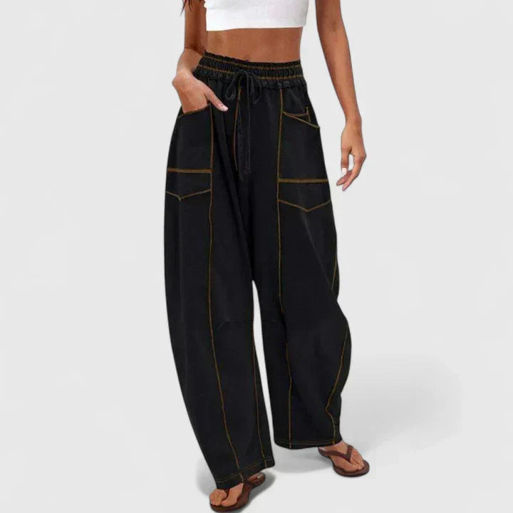 Women's Trousers with Elasticated Drawstring Waist and Baggy Leg - Black