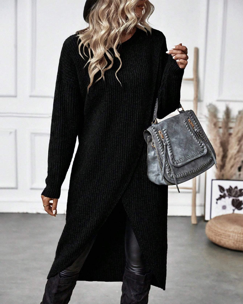 Women's Ribbed Jumper Dress with Side Slit Long Sleeve - 16