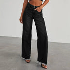 Women's Wide-Leg Jeans with Frayed Hem for Casual Style - Black