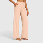 Women's Wide-Leg Trousers with High Waist and Side Pockets - Apricot