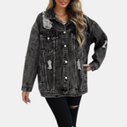 Women's Distressed Oversized Snap Button Denim Jacket - 5