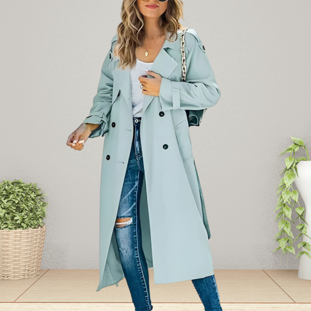 Women's Double-Breasted Trench Coat with Notched Collar - Light Blue