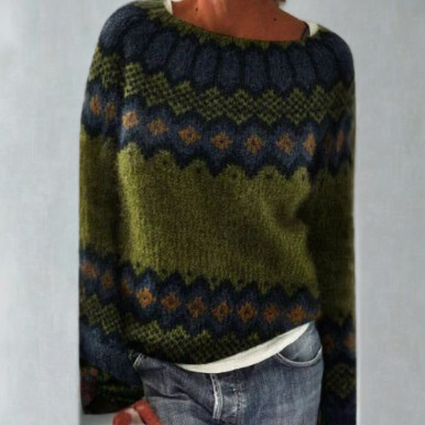 Women's Jumper Long Sleeve with Fair Isle Pattern and Round Neck - Green
