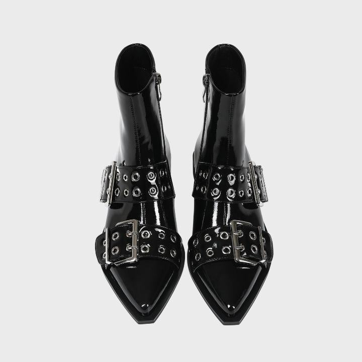 Women's Chunky Mid-Heel Zipper Biker Boots with Buckle Detail - 3
