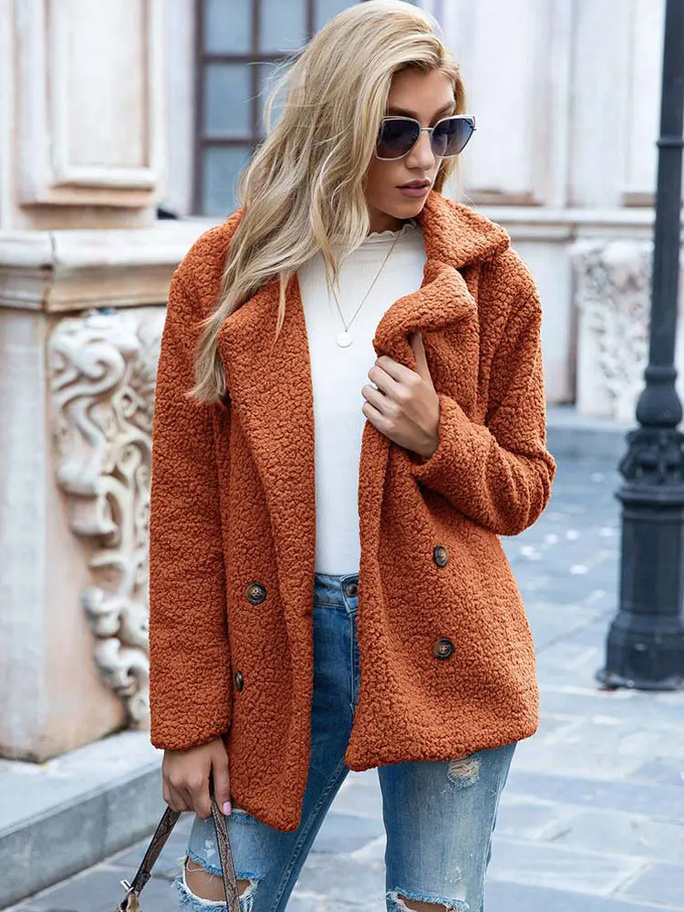 Women's Teddy Coat with Notch Lapel and Button Front - Orange