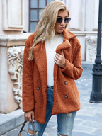 Women's Teddy Coat with Notch Lapel and Button Front - Orange