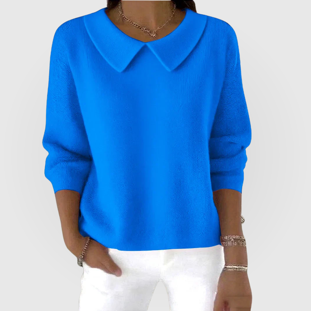 Women's Jumper Long Sleeve with Collar Detail and Relaxed Fit - Blue