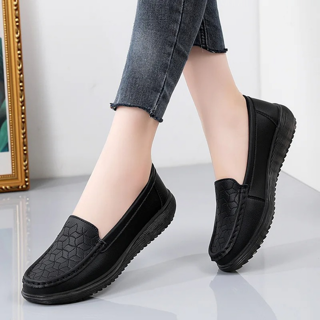 Women's Slip-On Loafers with Textured Relief Pattern - Black