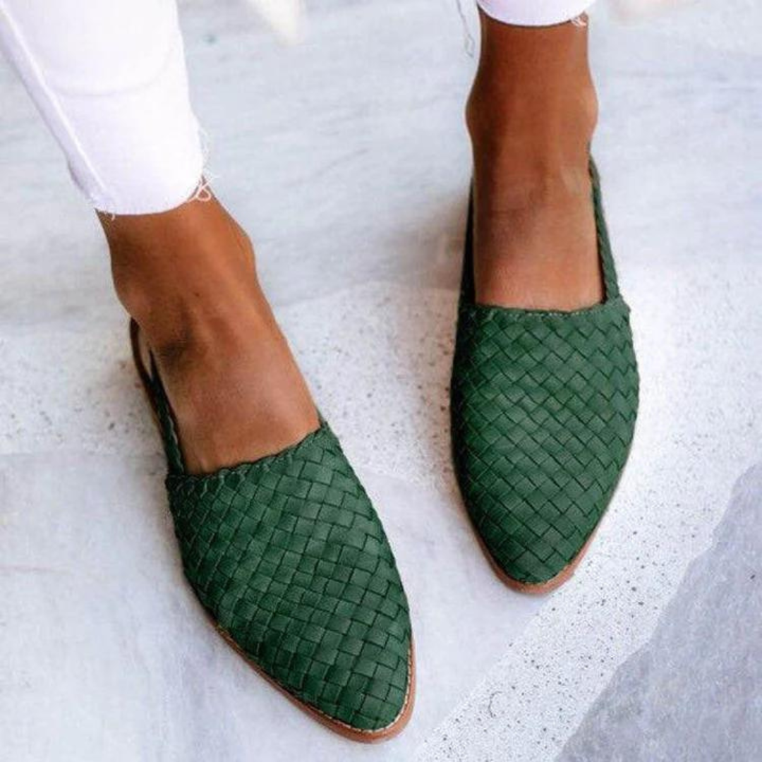 Women's Ballet Flats with Woven Faux Leather Upper and Open Side - Green