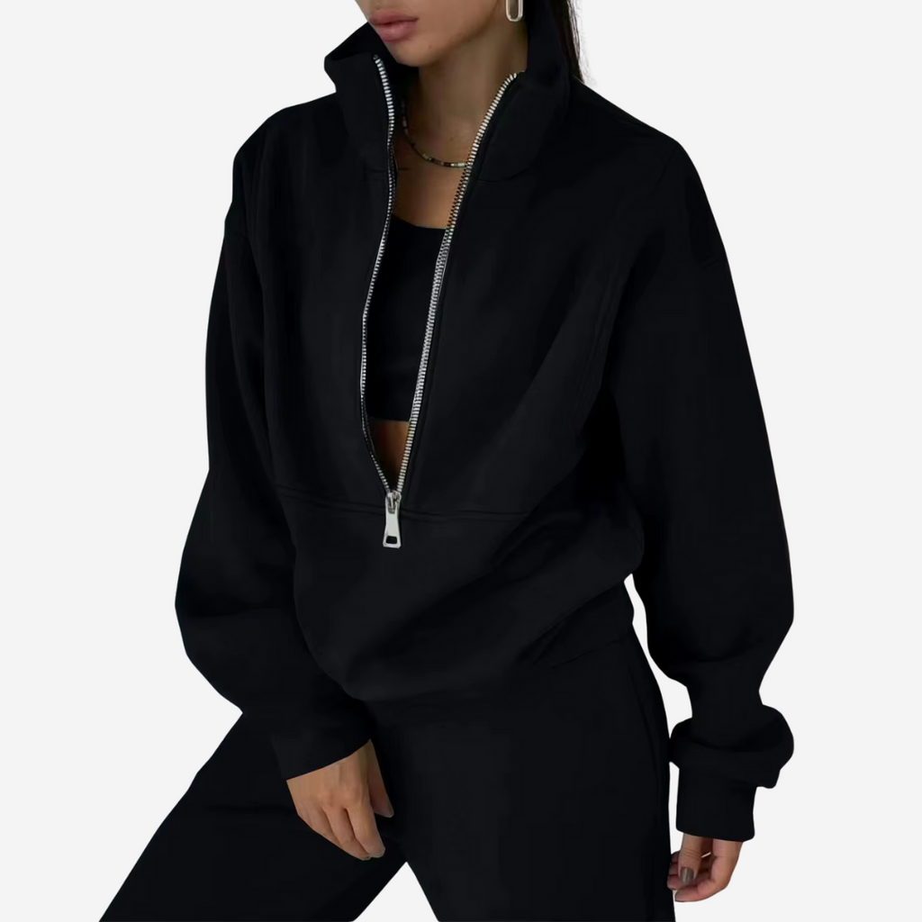 Women's Half-Zip Tracksuit Set with Long Sleeves - Black