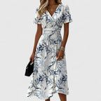 Women's Wrap Dress Short Sleeve with V-Neck and A-Line Skirt - Floral White