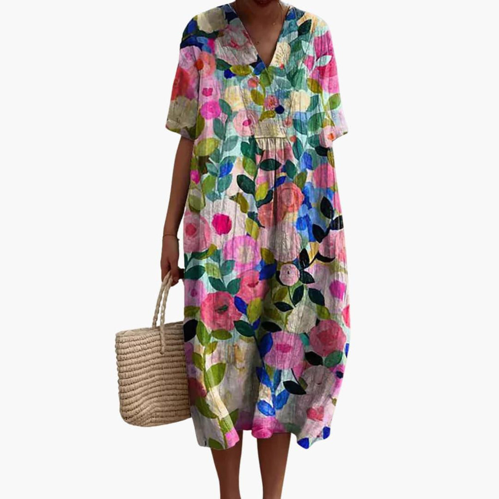 Women's Floral Midi Dress with V-Neck and Short Sleeves - Pink