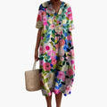 Women's Floral Midi Dress with V-Neck and Short Sleeves - Pink