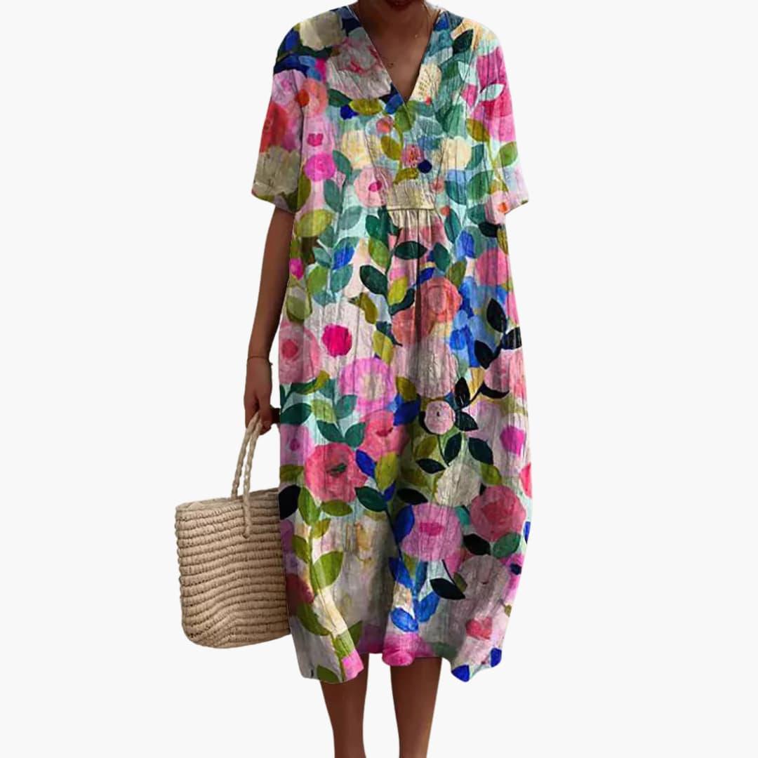 Women's Floral Midi Dress with V-Neck and Short Sleeves - Pink